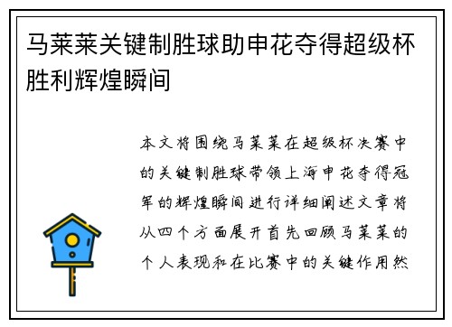 马莱莱关键制胜球助申花夺得超级杯胜利辉煌瞬间